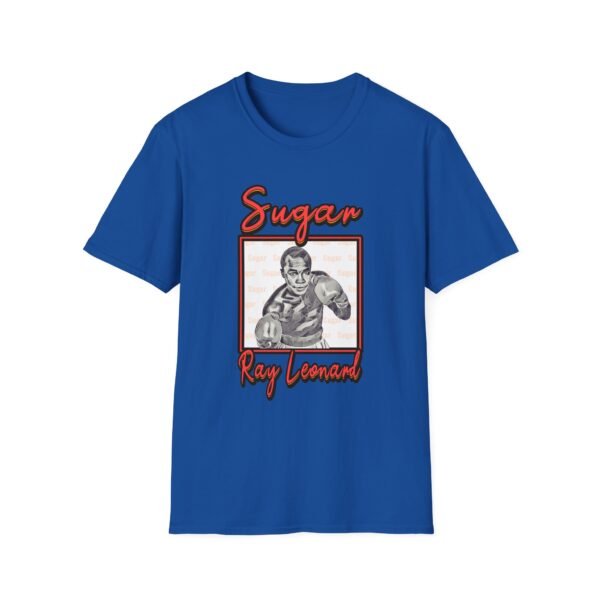blue T-shirt mockup with Sugar Ray Leonard on it