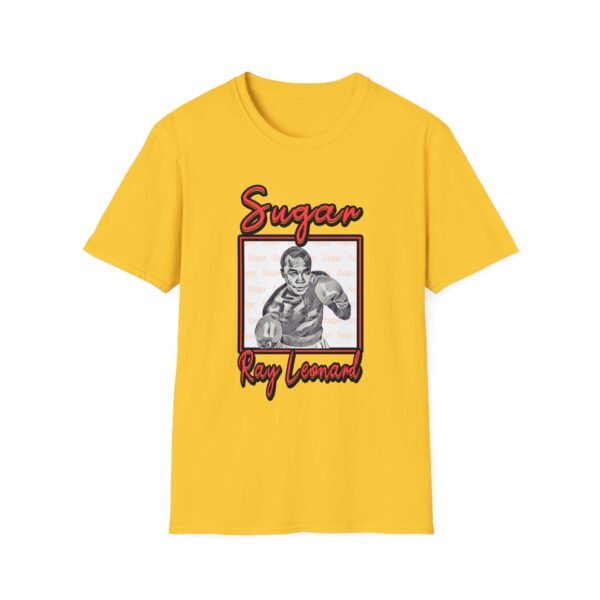 yellow T-shirt mockup with Sugar Ray Leonard on it