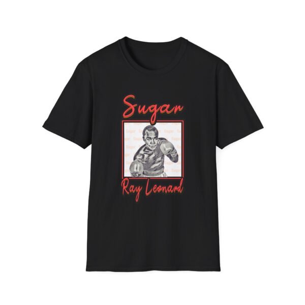 black T-shirt mockup with Sugar Ray Leonard on it
