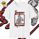 white T-shirt with Sugar Ray Leonard on it