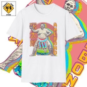 a white t-shirt mockup with Former sumo grand champion Akebono Taro