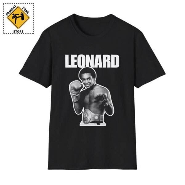 black T-shirt mockup with a young sugar ray Leonard boxing champion