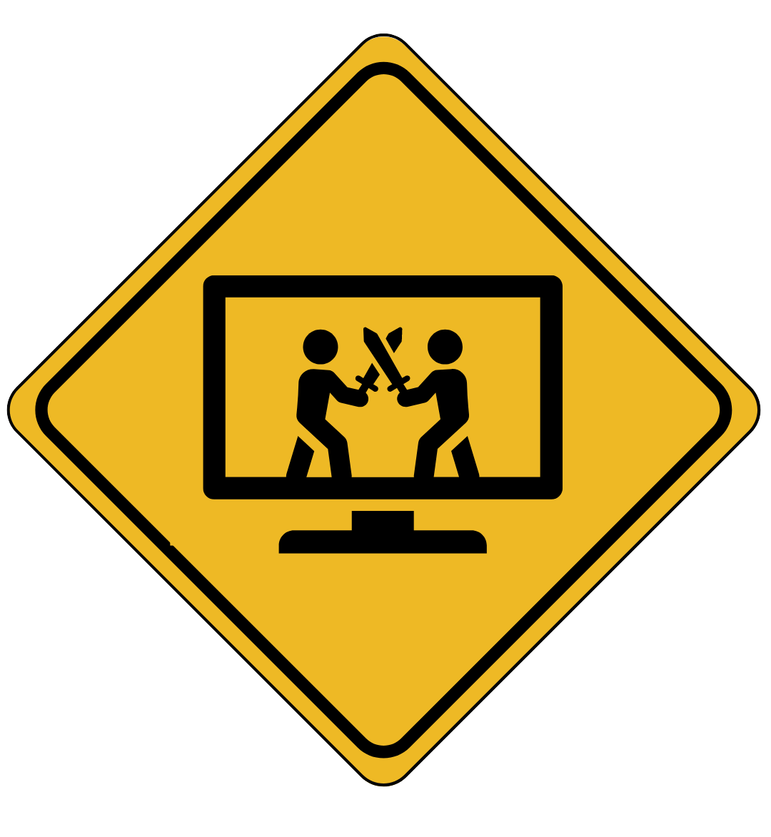 Traffic sign logo with a picture of two people fighting with swords on tv