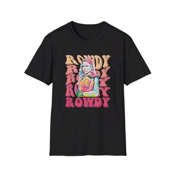 "Black t-shirt showcasing a portrait of Ronda Rousey with text that reads 'Rowdy' and UFC championship belt graphics."