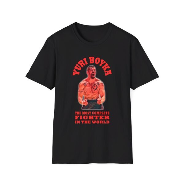 "black t-shirt featuring an intense image of Yuri Boyka screaming, with bold text declaring him 'The Best Fighter in the World,' capturing his fierce and unbeatable persona."