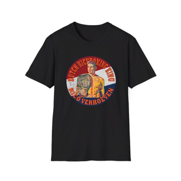 "black t-shirt with an image of Rico Verhoeven in a dynamic kickboxing pose, highlighting his title as Dutch kickboxing champion."