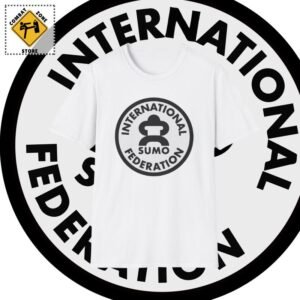 a white T-shirt featuring the International Sumo Federation symbol.