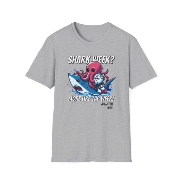 gray version of Tap Week octopus vs shark grappling shirt