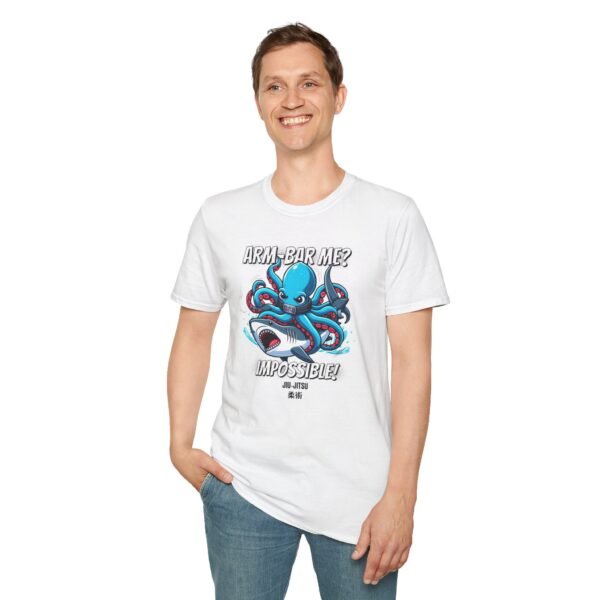 Model wearing Jiujitsu Impossible Armbar Tee – octopus submitting shark