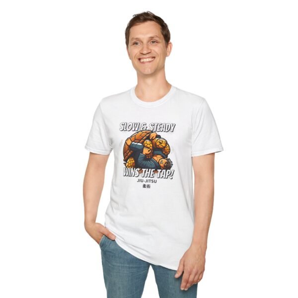 model wearing Slow & Steady jiujitsu tee