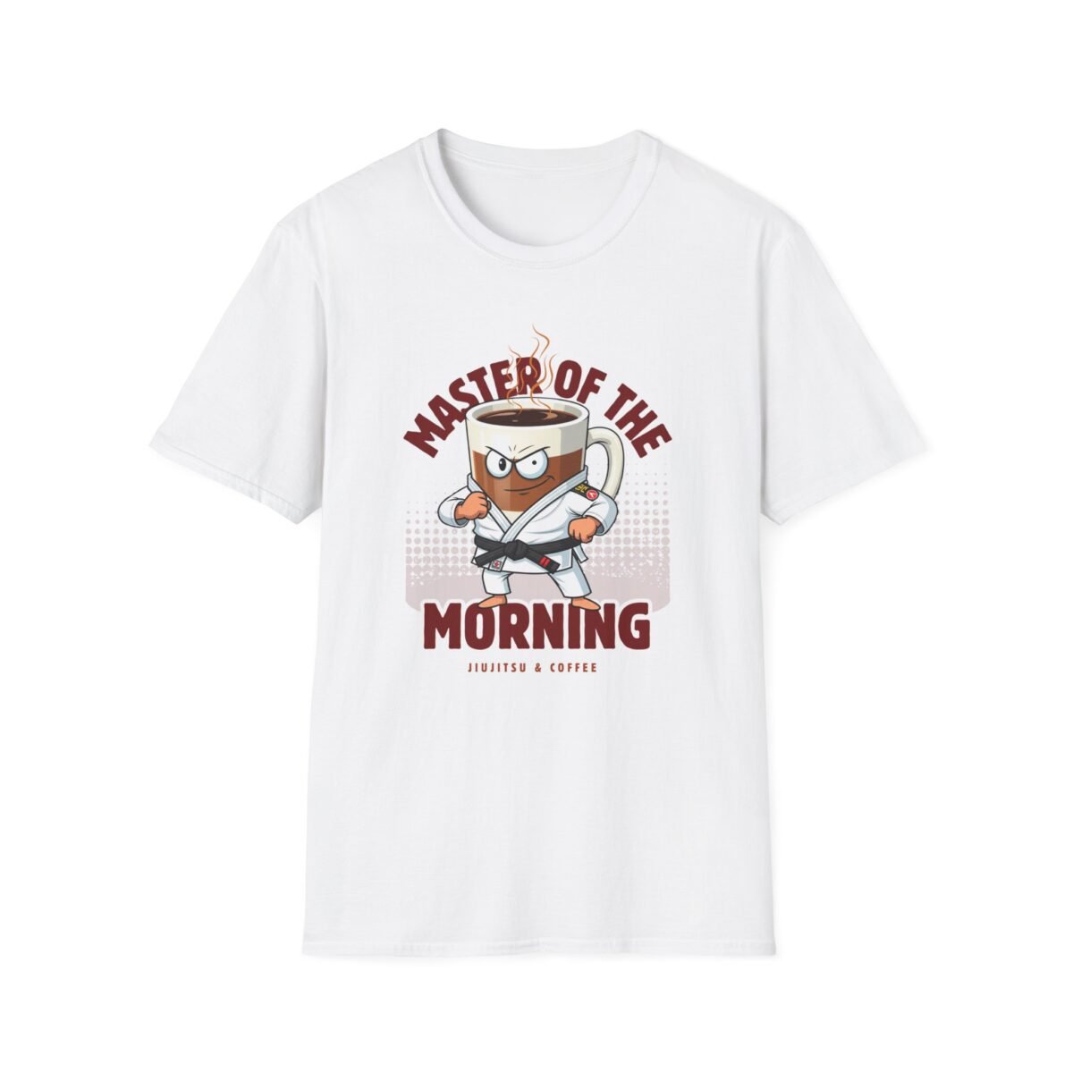 Coffee mug in gi with black belt ready to fight