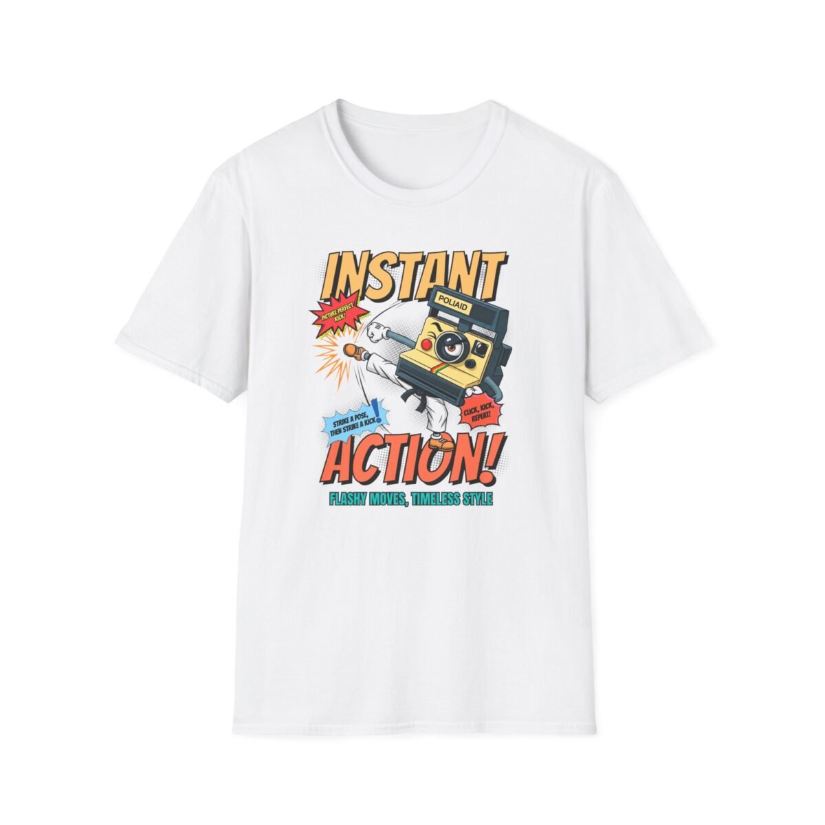 Cartoon Polaroid camera in karate gi doing side kick