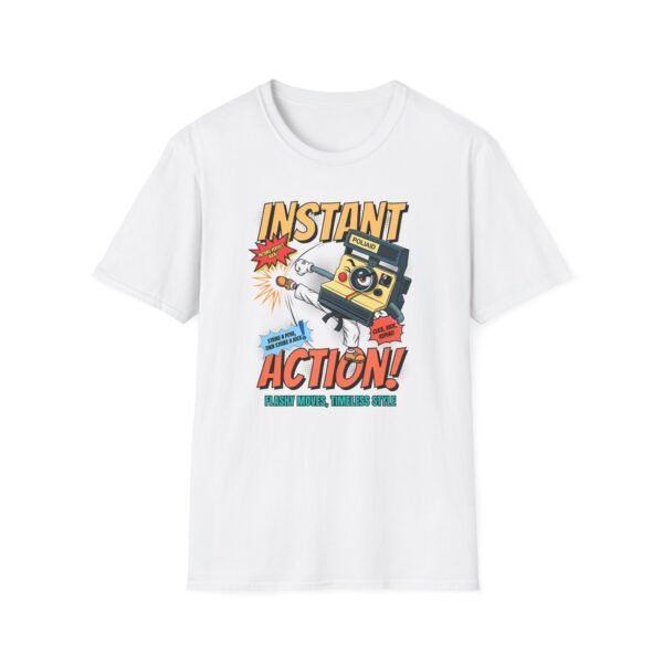Cartoon Polaroid camera in karate gi doing side kick