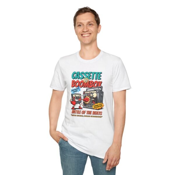 Model wearing tee with headphones and fist raised