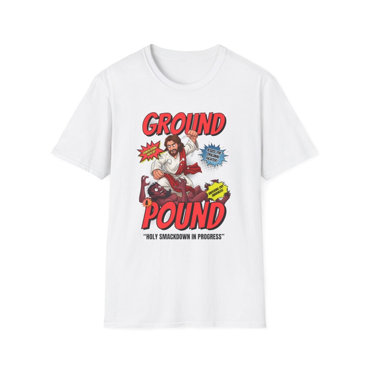 Jesus delivering ground and pound to a demon, MMA-style