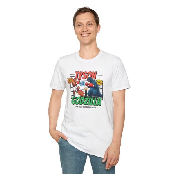 Model wearing tee posing with roaring face and boxing gloves