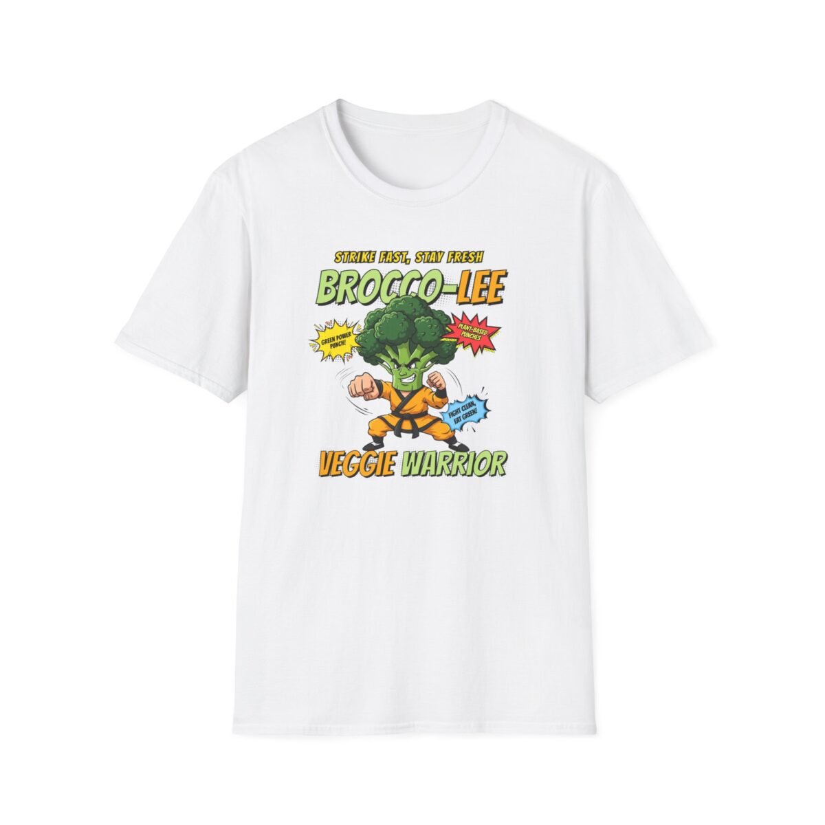 Cartoon broccoli in gi doing martial arts pose