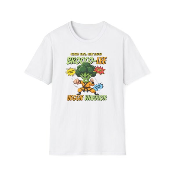 Cartoon broccoli in gi doing martial arts pose