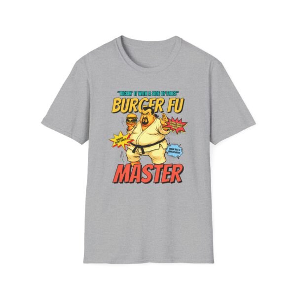 Burger Fu Master Tee in gray beside fries