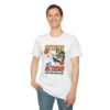 Model wearing tee mid-side kick with retro camera bag