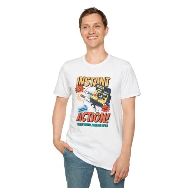 Model wearing tee mid-side kick with retro camera bag