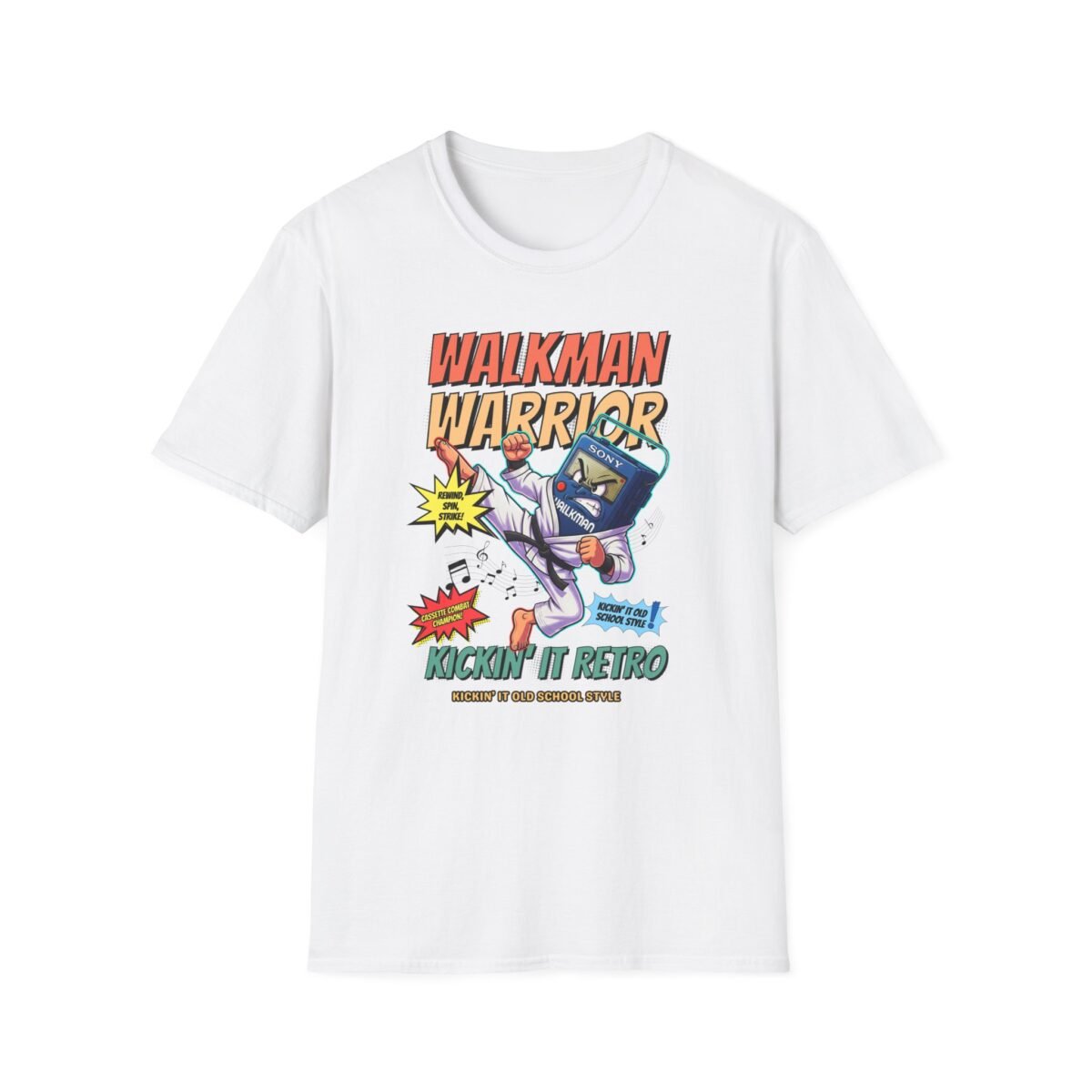 Cartoon Walkman in gi performing spinning back kick