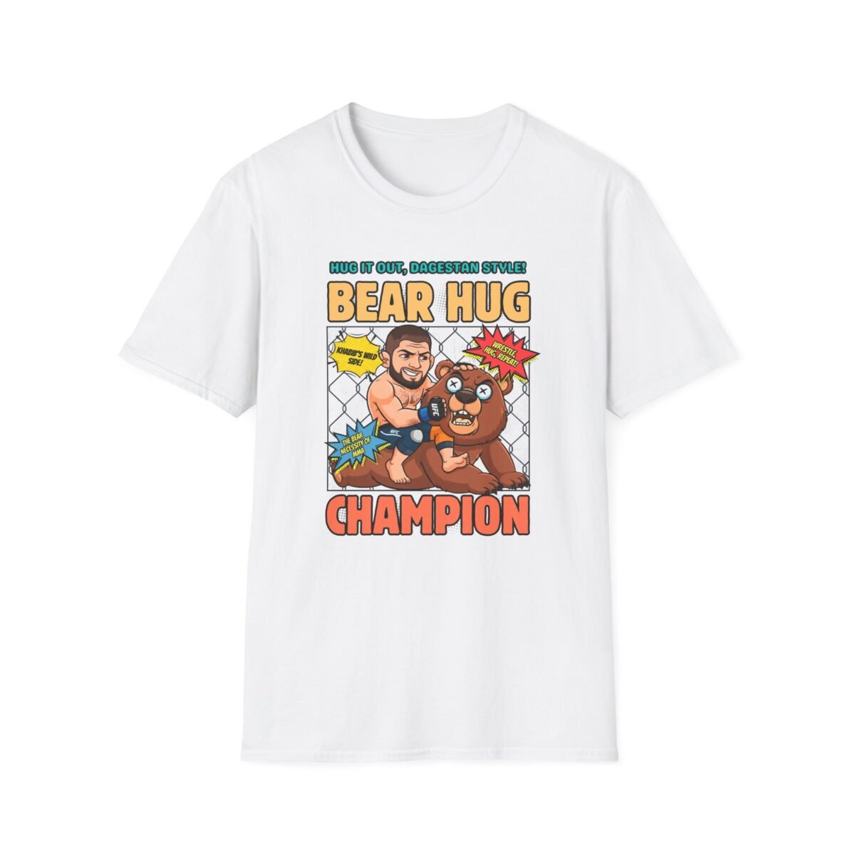 Cartoon Khabib hugging a scared bear in wrestling grip