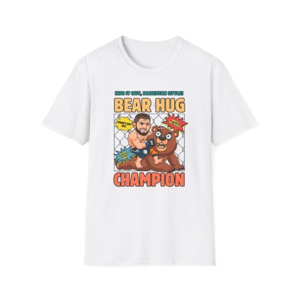 Cartoon Khabib hugging a scared bear in wrestling grip