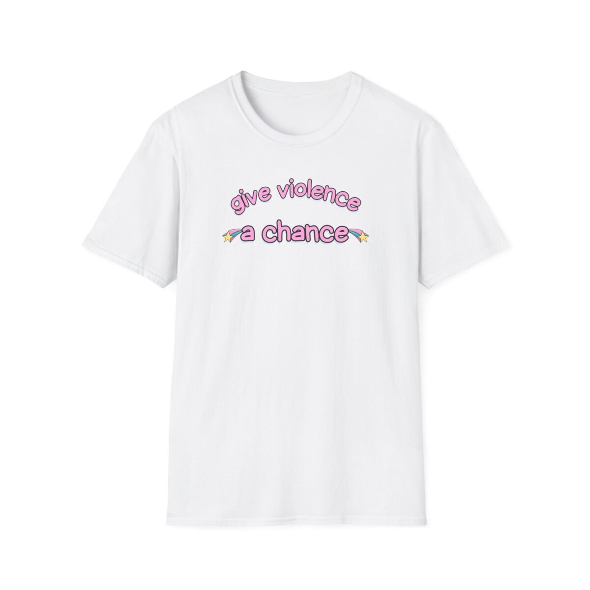 “Give Violence a Chance” in pink bubbly font with stars