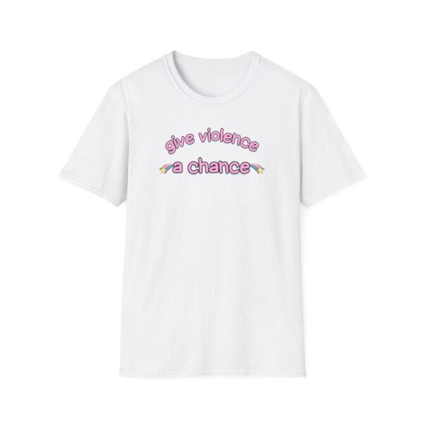 “Give Violence a Chance” in pink bubbly font with stars