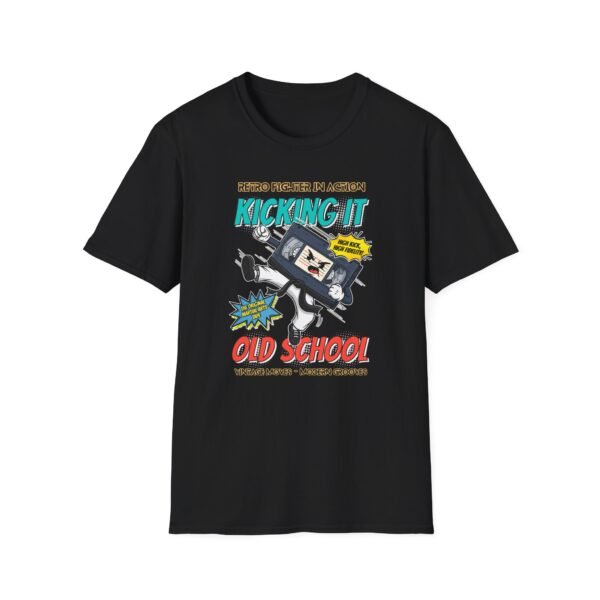 Kicking It Old School Tee in black hanging on rack