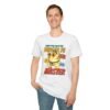 Model wearing tee mid-bite and mid-kick