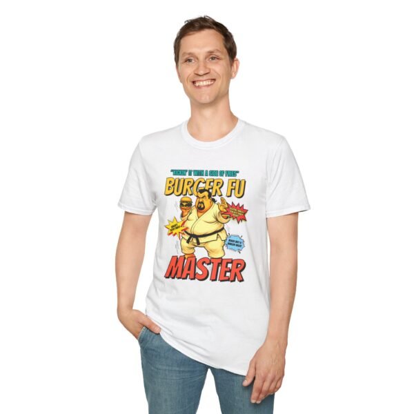 Model wearing tee mid-bite and mid-kick
