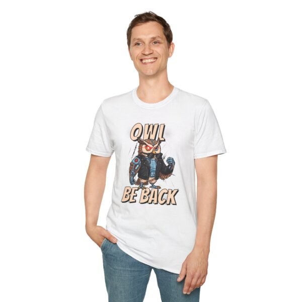 Person wearing terminator owl boxer movie reference t-shirt