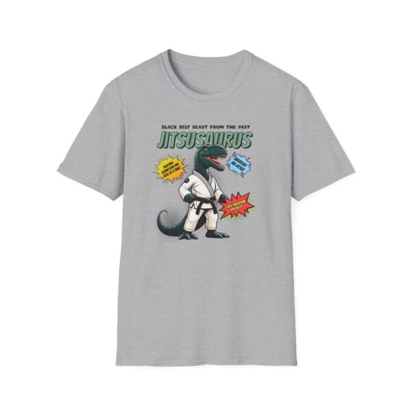 Jitsusaurus Tee in gray folded on mat with belt