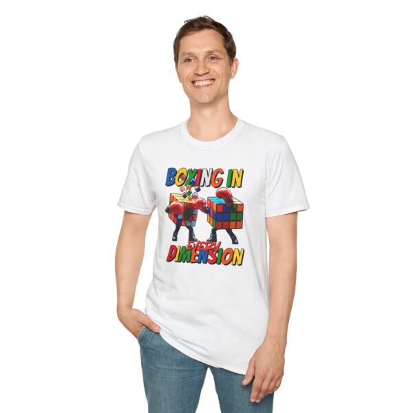 Person wearing multi-dimensional Rubik's cube boxing t-shirt