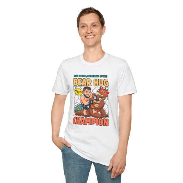 Model wearing Bear Hug Champion Tee with playful expression