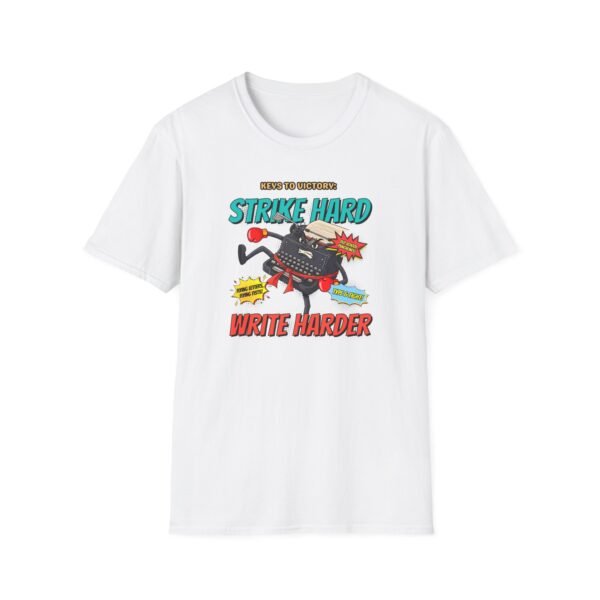 Cartoon typewriter with belt performing flying strike