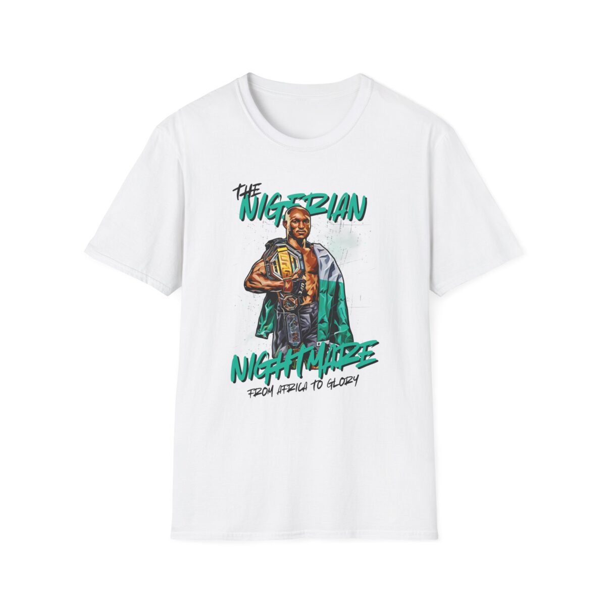 Kamaru Usman with UFC belt and Nigerian flag artwork