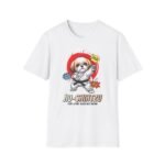 Shih tzu in white gi and black belt posing for jiu-jitsu