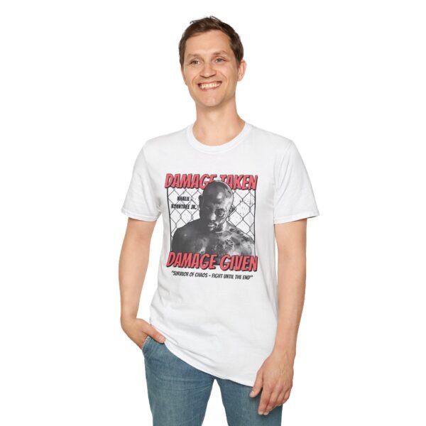 Model wearing Damage Given Damage Taken tee