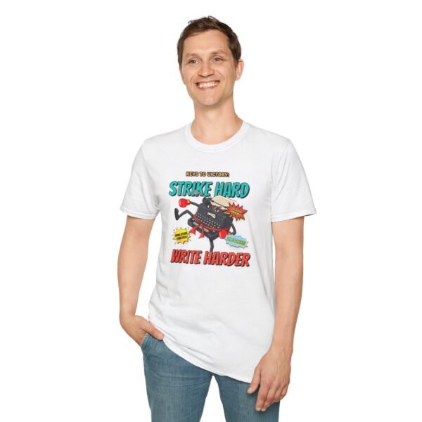 Model wearing tee with typewriter and striking pose