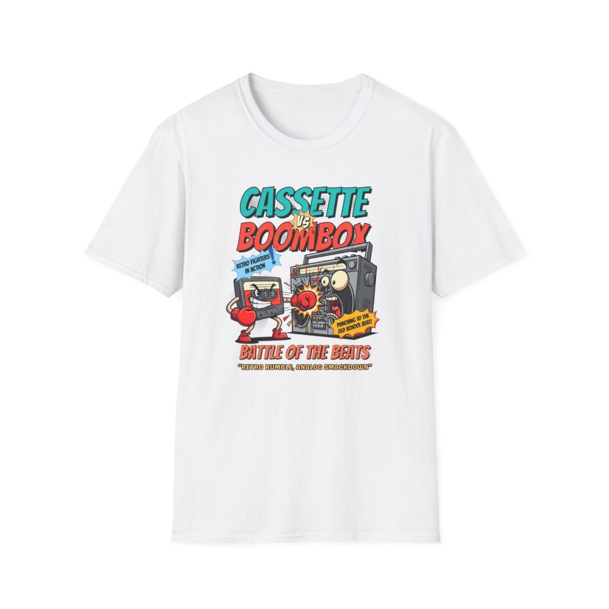 Cartoon cassette punching angry boombox in boxing gloves