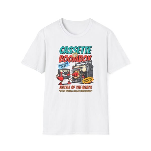 Cartoon cassette punching angry boombox in boxing gloves