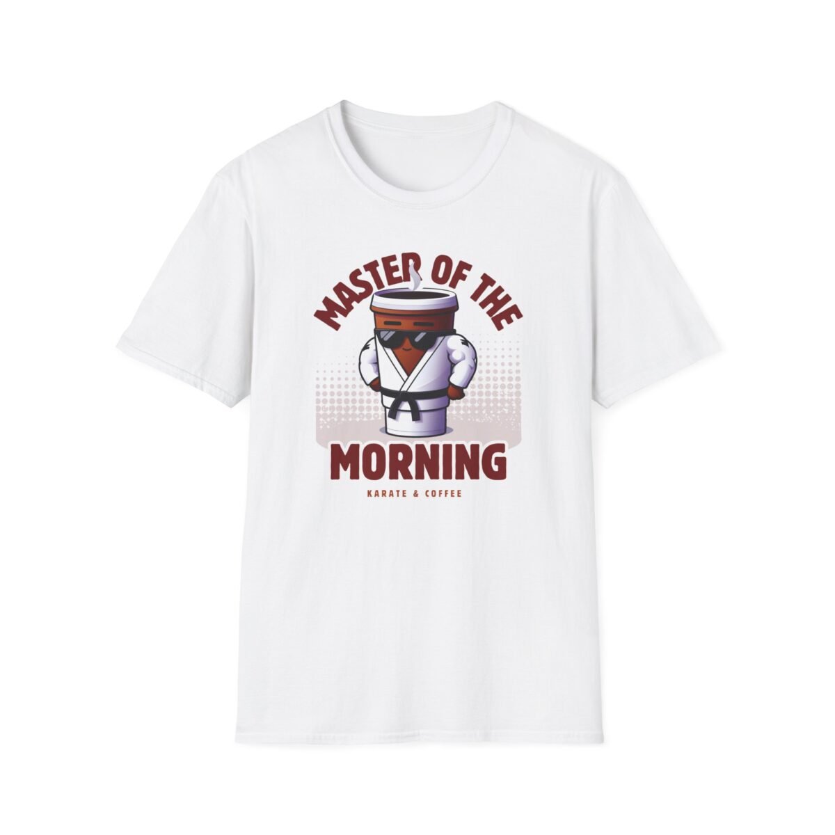 Coffee mug in karate gi with black belt and sunglasses