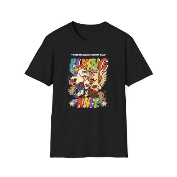 Flying Knee Tee in black displayed on a hanger