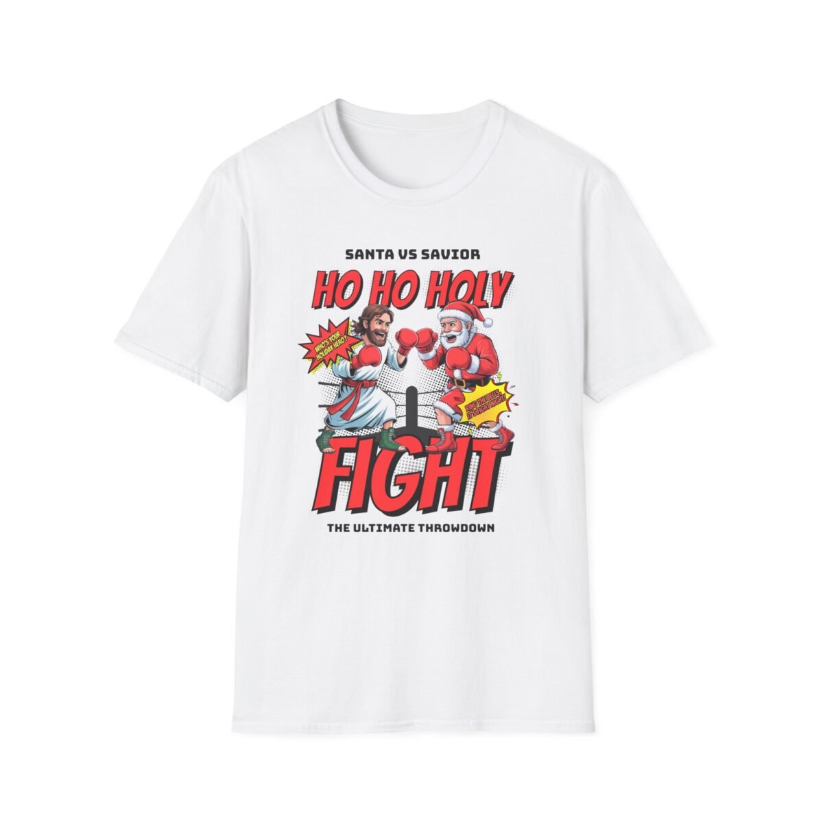 Illustration of Jesus boxing Santa Claus in a holiday showdown