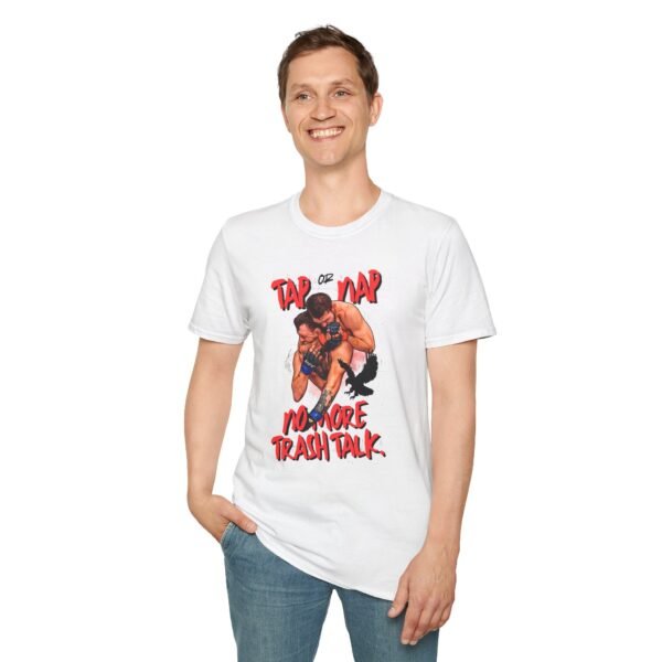 Model wearing Tap or Nap, no more trash talk jiujitsu tee