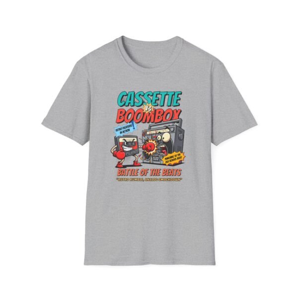 Cassette vs Boombox Tee in gray with tape deck prop