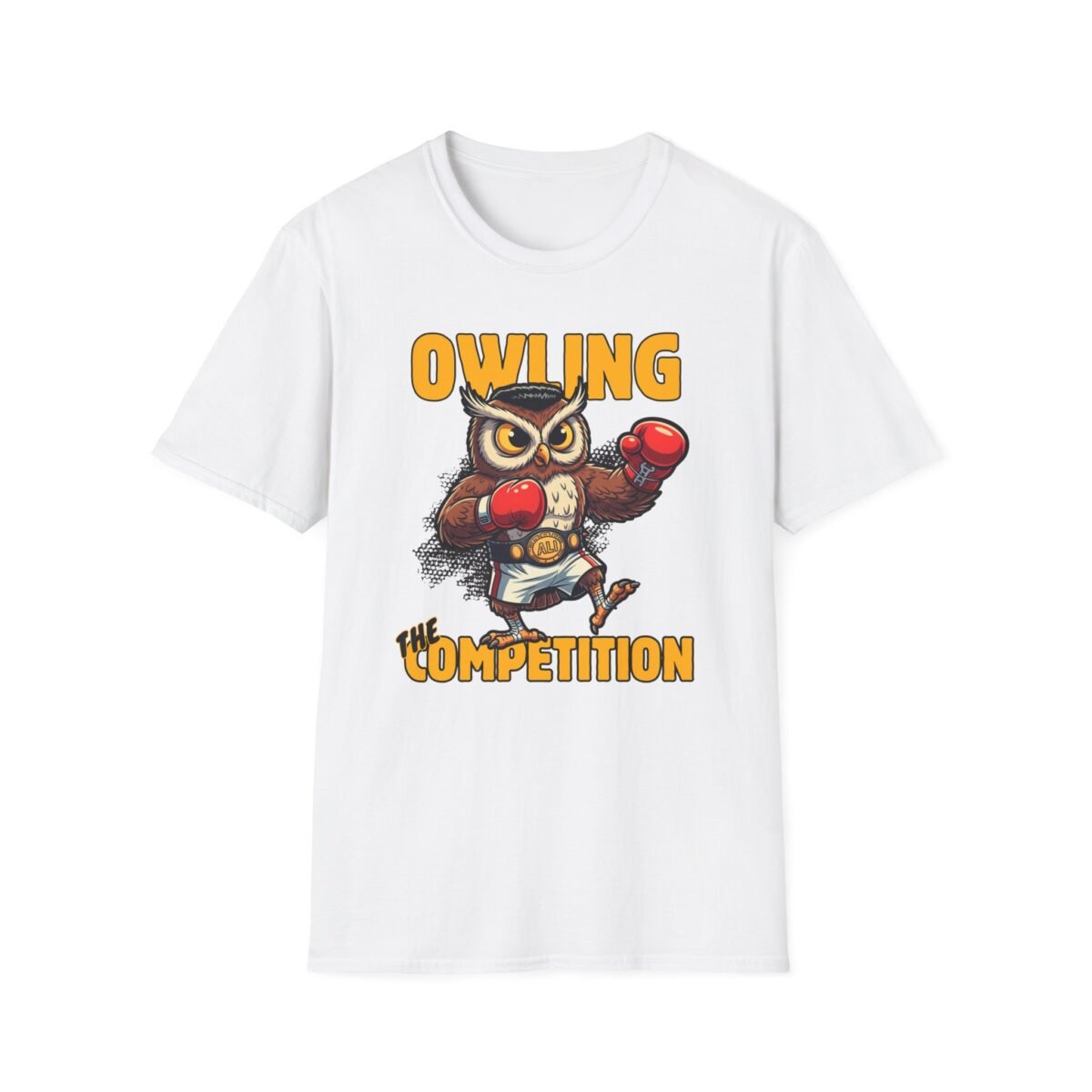 Owl with boxing gloves and champion belt victory design